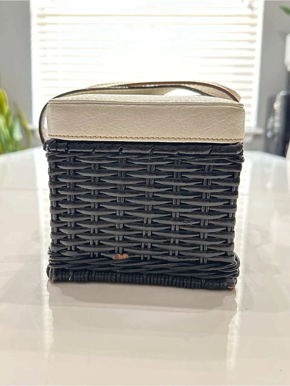 Vintage Kate Spade Black Wicker Basket Bag Top Handle Cream Leather Trim